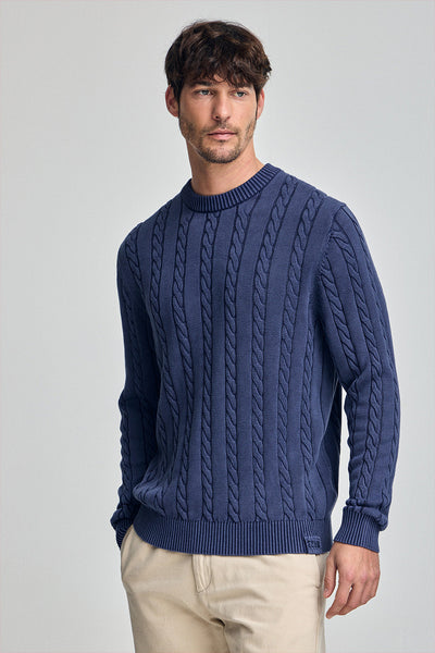 polo club Paars-blauwe kabeltrui met garment dye en geborduurd logo