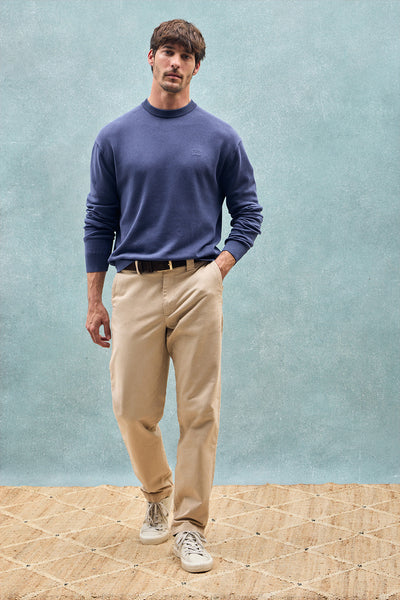 polo club Paars-blauwige trui met garment-dye ronde hals en geborduurd logo