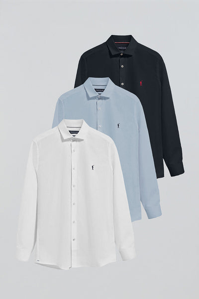 polo club Pack met drie slim-fit hemden met Rigby Go-logo in marineblauw wit en lichtblauw