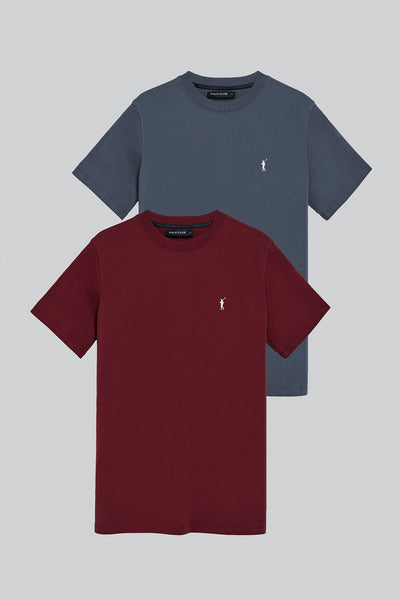 polo club Pack met twee T-shirts in bordeauxrood en denim-blauw met ronde hals en geborduurd Rigby Go-logo