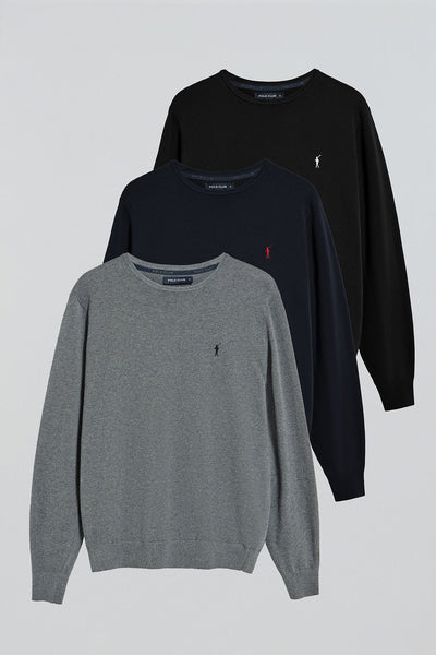 polo club Pack van drie gebreide truien met ronde hals en geborduurd Rigby Go-logo in marineblauw zwart en gemêleerd grijs
