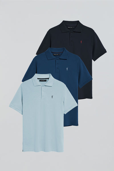 polo club Pack van drie polo's met drie knopen in marineblauw lichtblauw en indigo met Rigby Go-logo