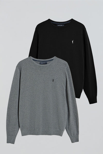 polo club Pack van twee gebreide truien met ronde hals en geborduurd Rigby Go-logo in zwart en gemêleerd grijs
