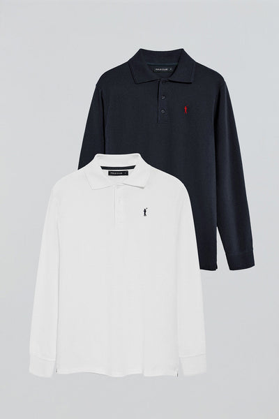polo club Pack van twee polo's met lange mouwen in wit en marineblauw met Rigby Go-logo