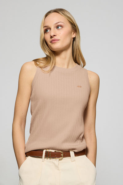 polo club Perzikkleurige geribde top “Tamika" met parelmoeren Polo Club-detail