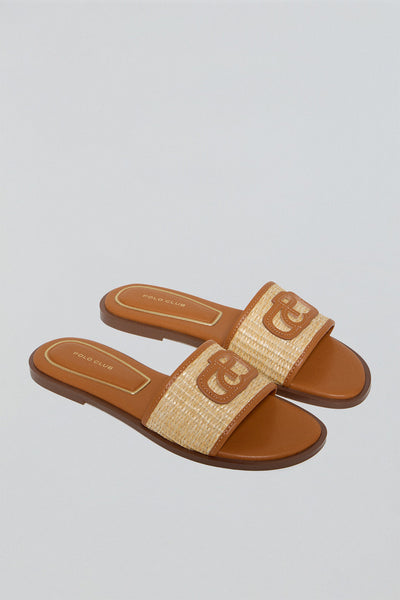 polo club Bruine raffia sandalen Greta met PC-logo