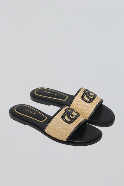 polo club Zwarte raffia sandalen Greta met PC-logo