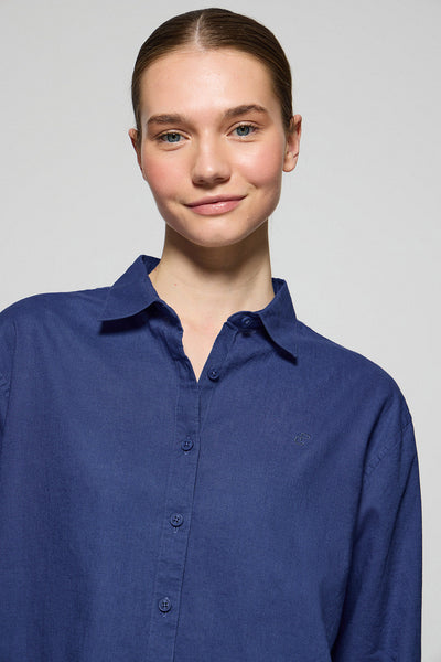 polo club Royaal blauw loose fit hemd van linnen en katoen met geborduurd monogram