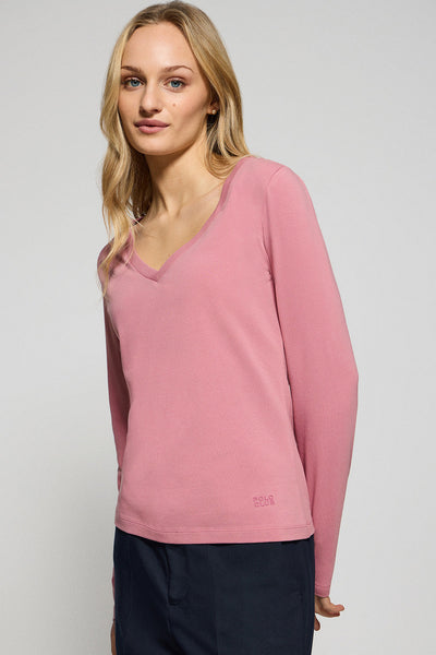 polo club Roze basic T-shirt met V-hals en rubberen logo