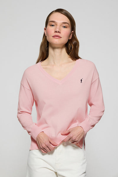 polo club Roze gebreide trui met V-hals en geborduurd Rigby Go-logo
