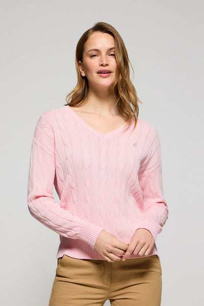 polo club Roze kabeltrui met V-hals en geborduurd monogram