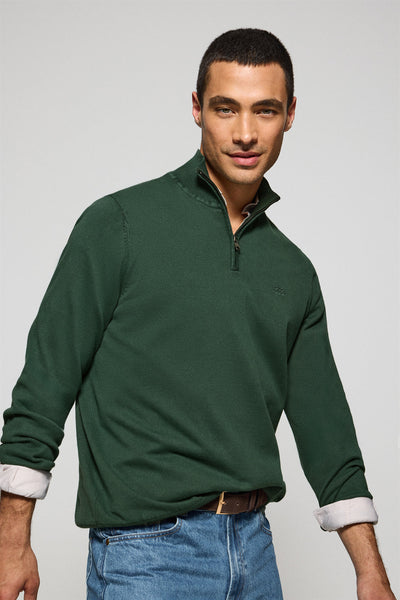 polo club Smaragdgroene trui met korte ritssluiting garment dye en geborduurd logo