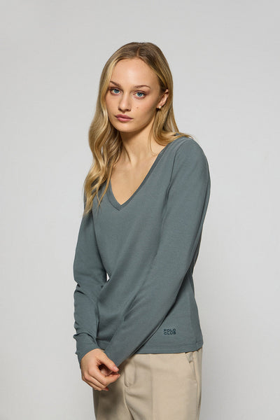 polo club Steengrijs basic T-shirt met V-hals en rubberen logo