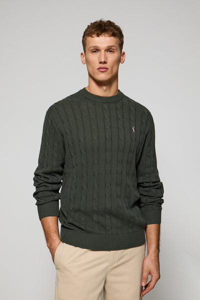 polo club Steengrijze kabeltrui met ronde hals en geborduurd Rigby Go-logo