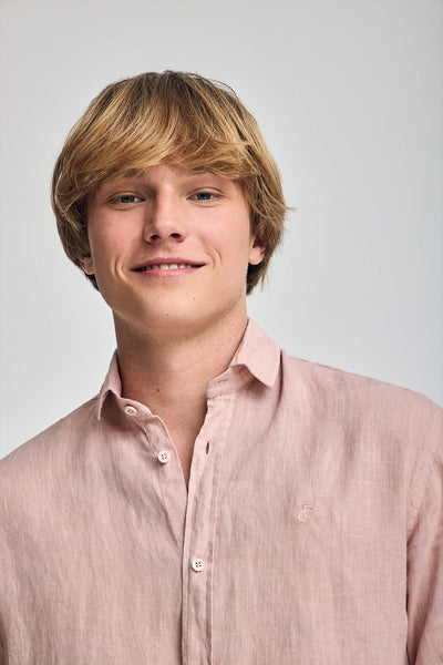 polo club Taupe-roze linnen hemd met garment dye en geborduurd monogram