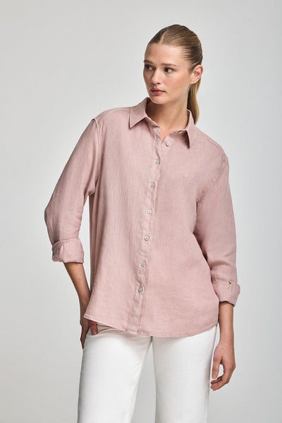polo club Taupe-roze linnen hemd met garment dye en geborduurd monogram