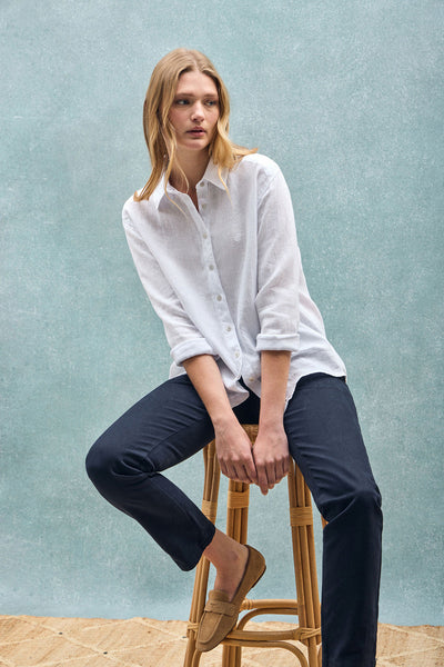 polo club Wit linnen hemd met garment dye en geborduurd monogram