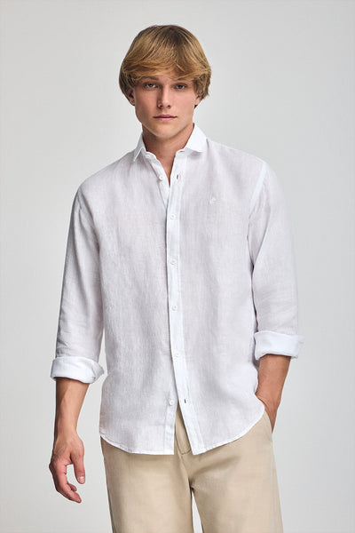 polo club Wit linnen hemd met garment dye en geborduurd monogram