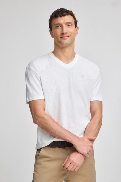 polo club Wit T-shirt van linnen en katoen met V-hals en geborduurd monogram