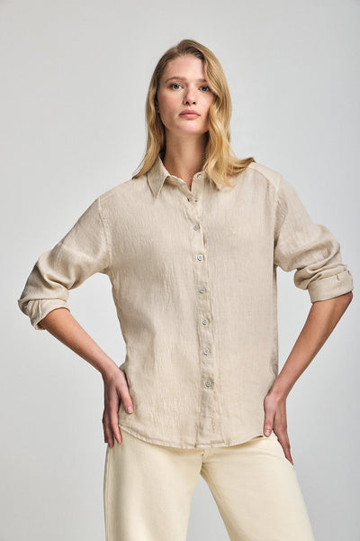 polo club Zandkleurig linnen hemd met garment dye en geborduurd monogram