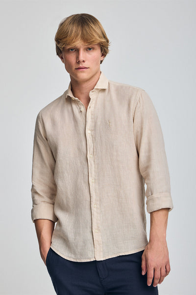 polo club Zandkleurig linnen hemd met garment dye en geborduurd Rigby Best