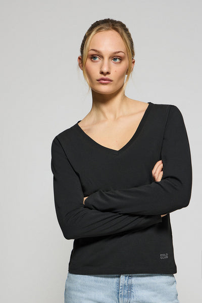 polo club Zwart basic T-shirt met V-hals en rubberen logo