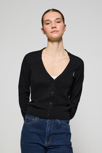 polo club Zwarte gebreide cardigan met knopen V-hals en geborduurd Rigby Go-logo