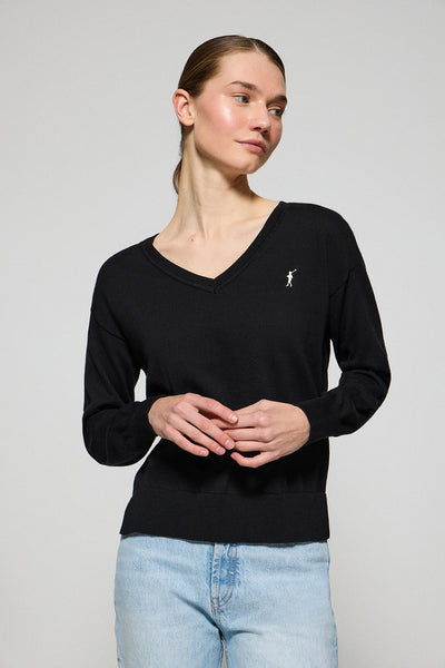 polo club Zwarte gebreide trui met V-hals en geborduurd Rigby Go-logo