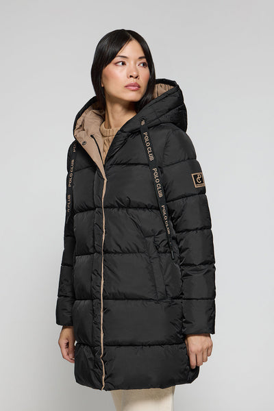 polo club Zwarte omkeerbare lange jas "Gracia" met vaste kap en Polo Club-details