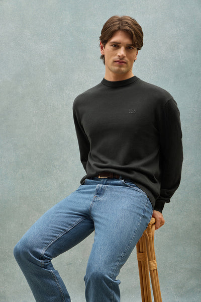 polo club Zwartgrijs garment-dye trui met ronde hals en geborduurd logo