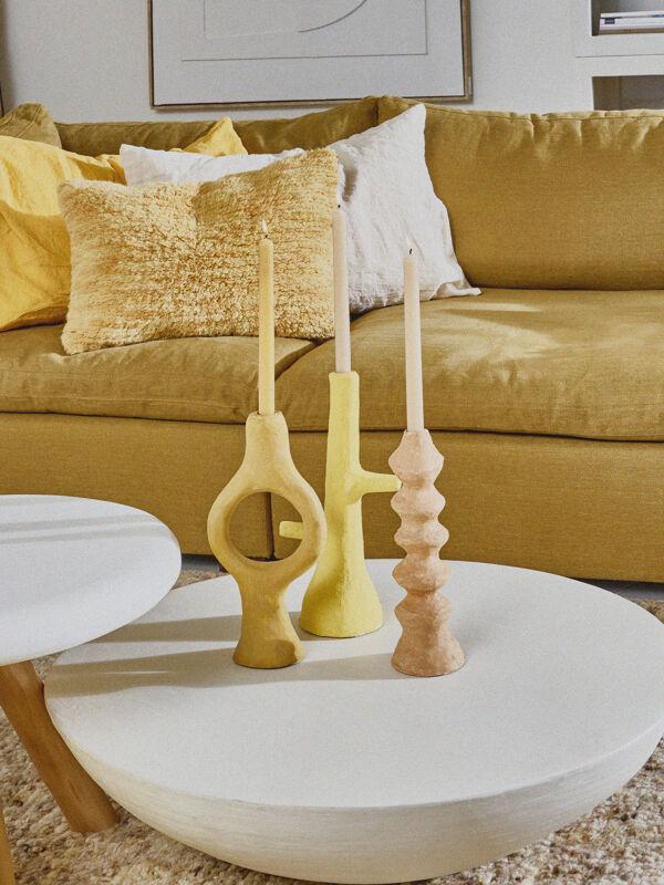 Pomax ALMERIA - Kandelaar - Papier Mâché / Metaal - L 20 X W 10 X H 35 Cm - Licht Geel