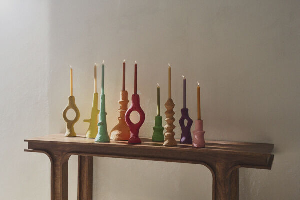 Pomax ALMERIA - Kandelaar - Papier Mâché / Metaal - L 20 X W 10 X H 35 Cm - Licht Geel