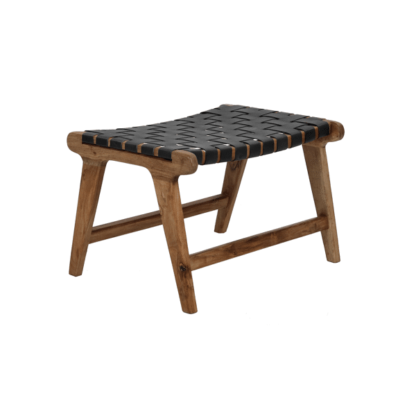 pomax AOSTA - kruk - buffalo leer / acacia hout - L 56 x W 41 x H 36 cm - zwart