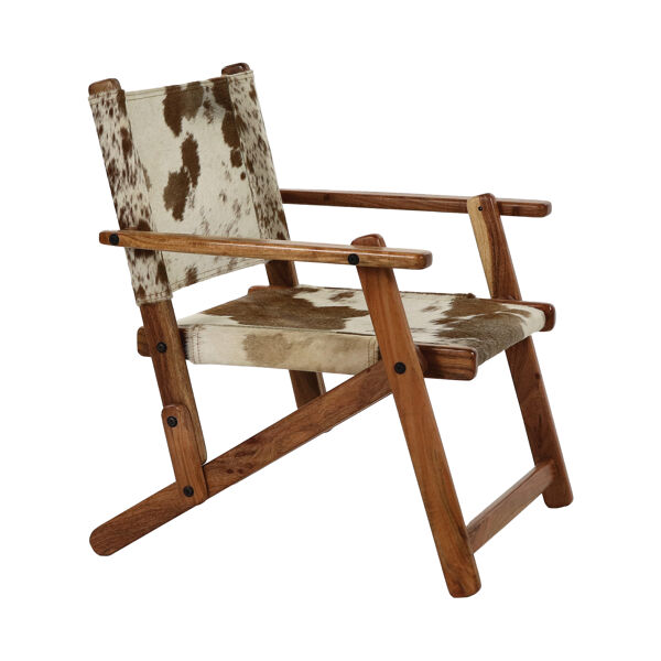 Pomax BENISSA - Loungestoel - Koeienhuid / Acacia Hout - L 68 X W 65 X H 77 Cm - Bruin