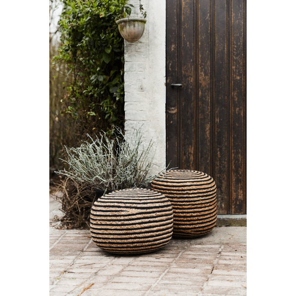 Pomax BOMBAY - Poef - Jute / Katoen - DIA 50 X H 35 Cm - Naturel/zwart
