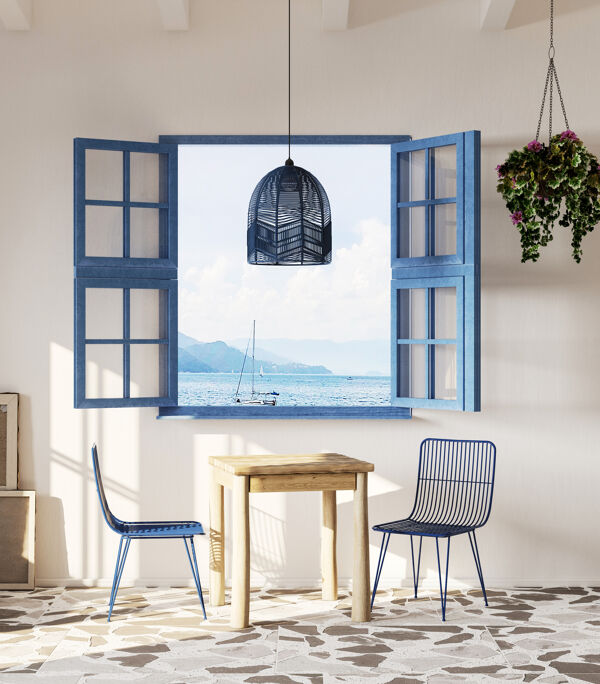 Pomax CYPRUS - Hanglamp - Rotan / Metaal - DIA 45 X H 50 Cm - Grijsblauw