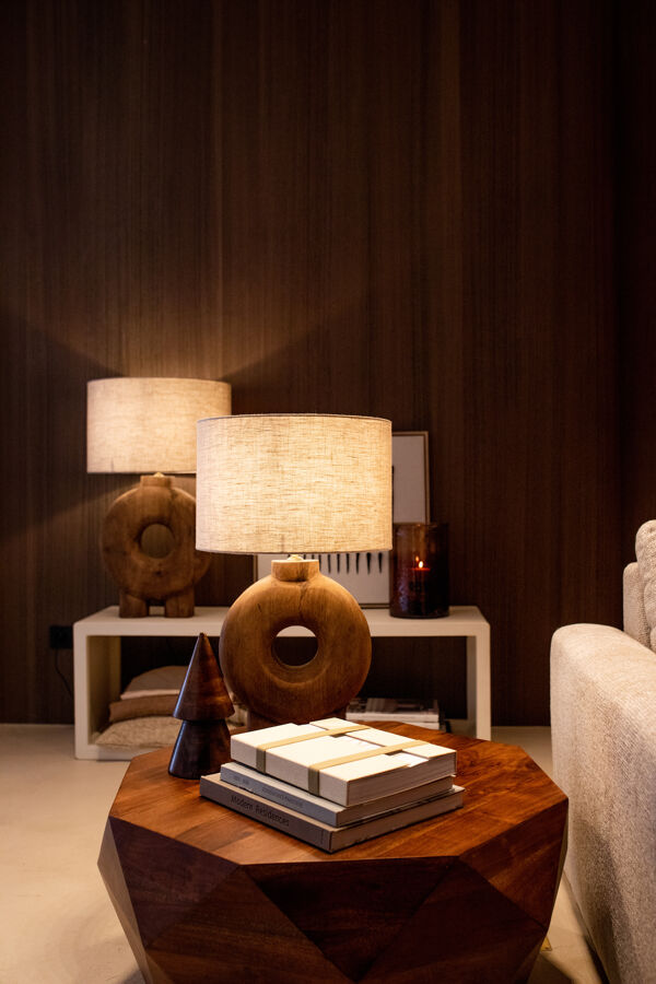 Pomax LAMPEDUSA - Tafellamp - Mango Hout / Linnen - DIA 38 X H 65 Cm - Bruin