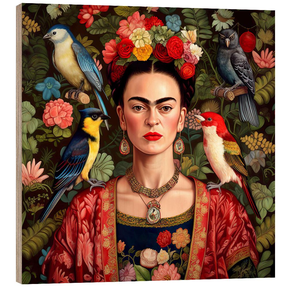 posterlounge Hout print Frida Kahlo with Exotic Birds