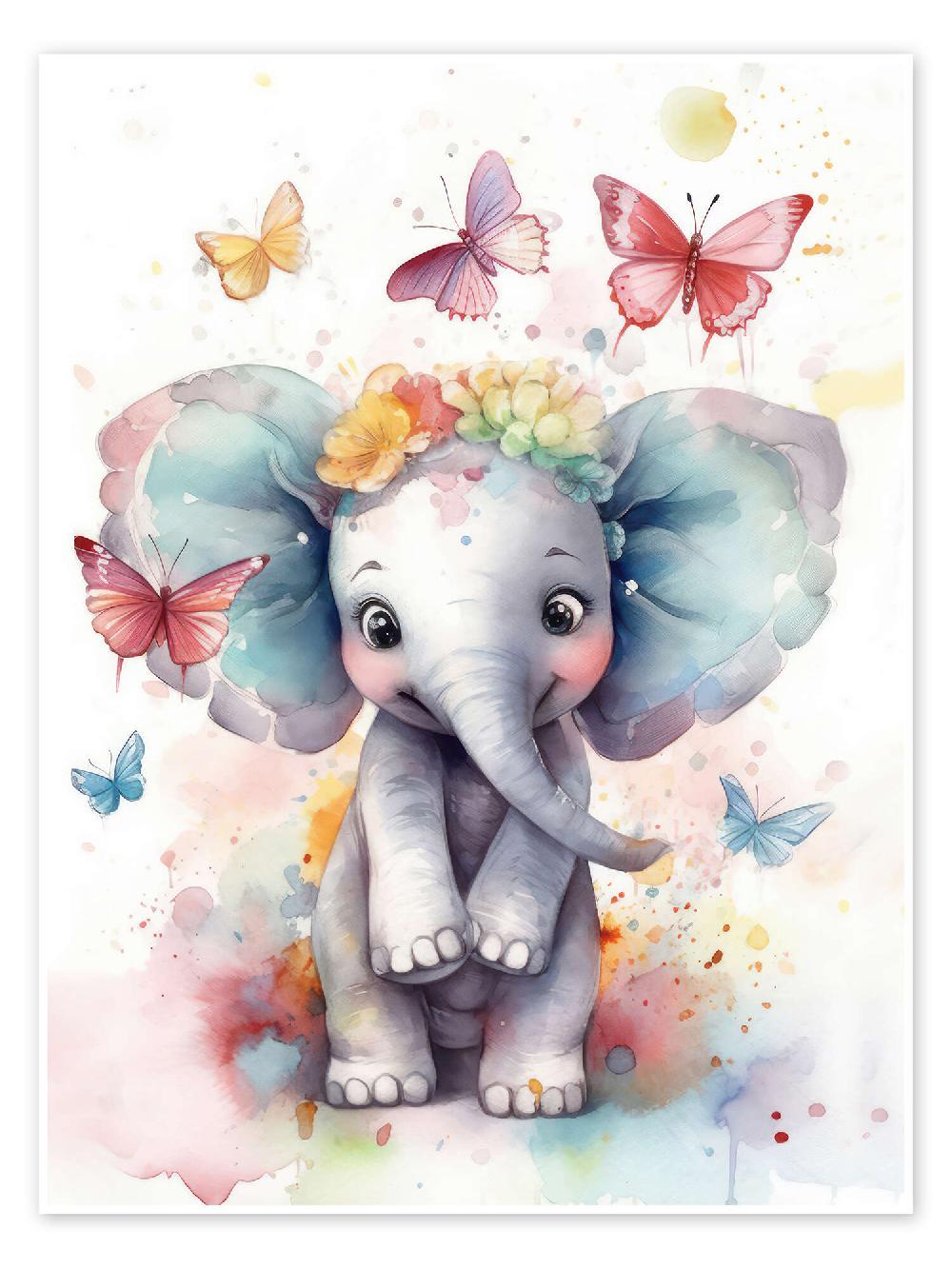 posterlounge Poster Cute Baby Elephant with Butterflies