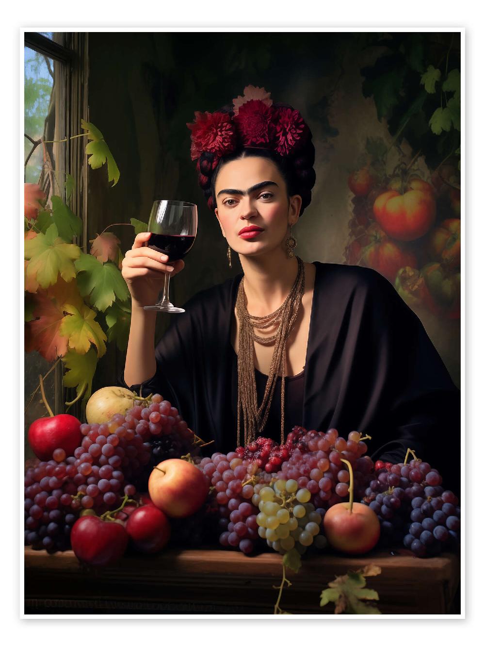 posterlounge Poster Frida Kahlo portrait with a glass of wine