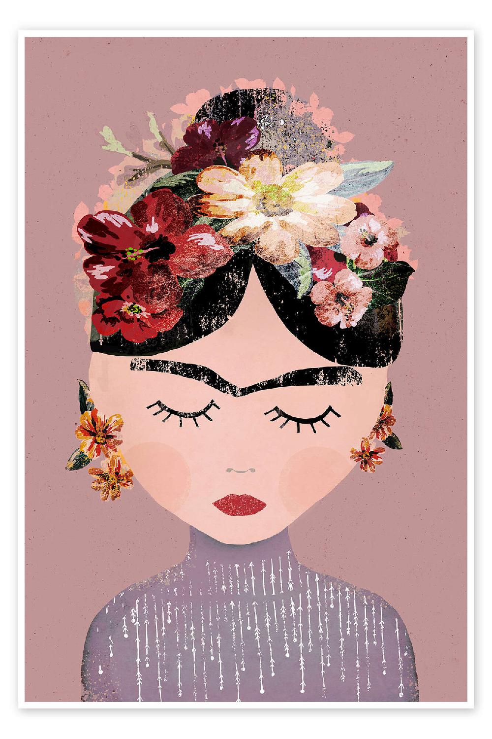 posterlounge Poster Frida with wreath of flowers pastel pink