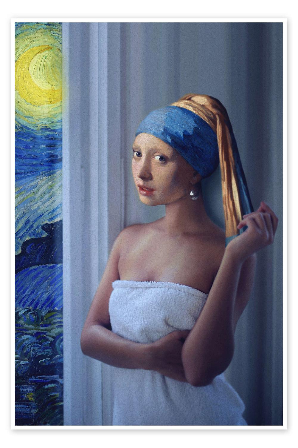 posterlounge Poster Girl with pearl earring on starry night