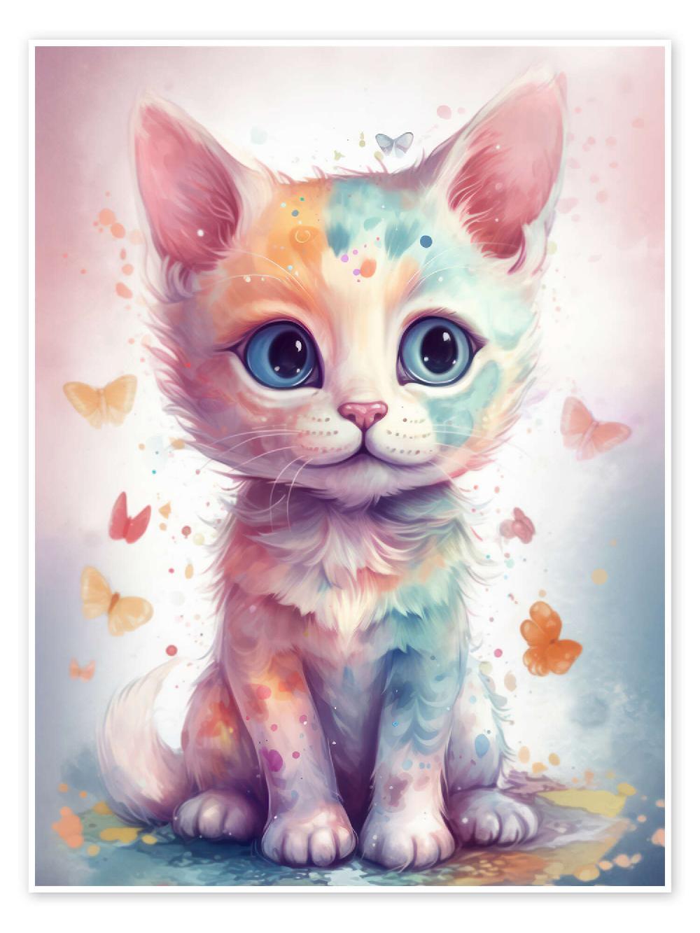 posterlounge Poster Cute Kitten with Butterflies