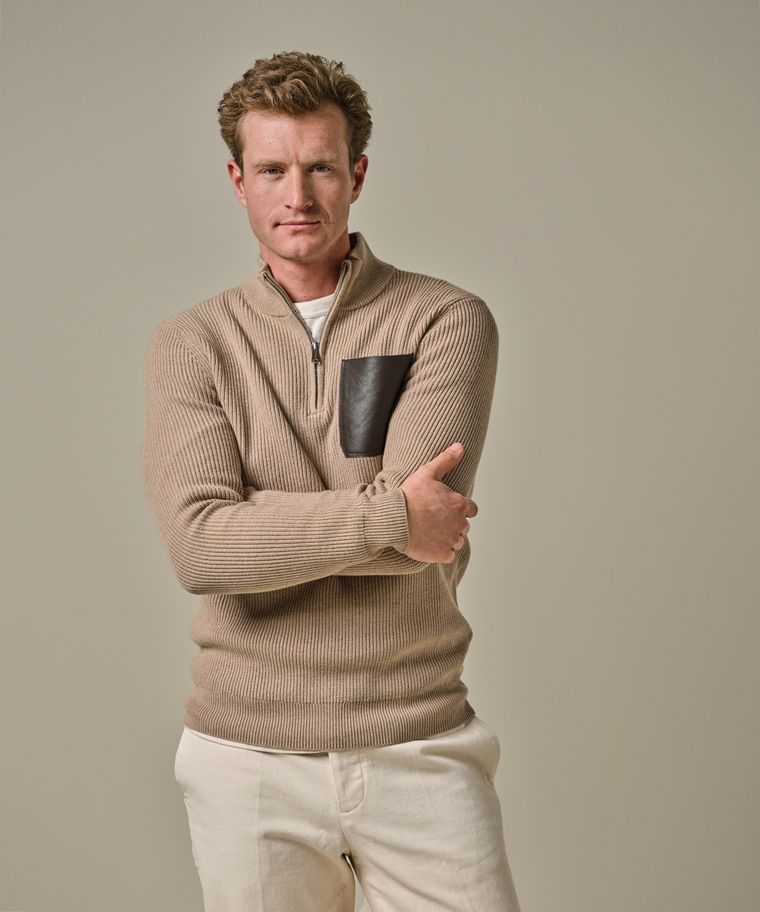 Profuomo Beige Half Zip Leather Pocket