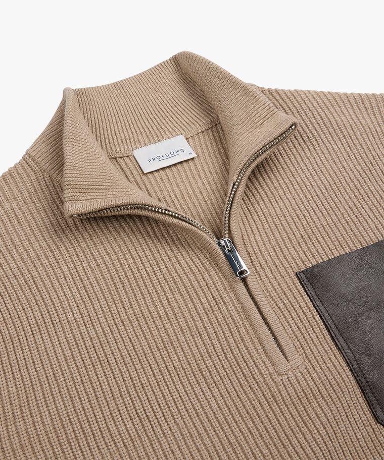 Profuomo Beige Half Zip Leather Pocket