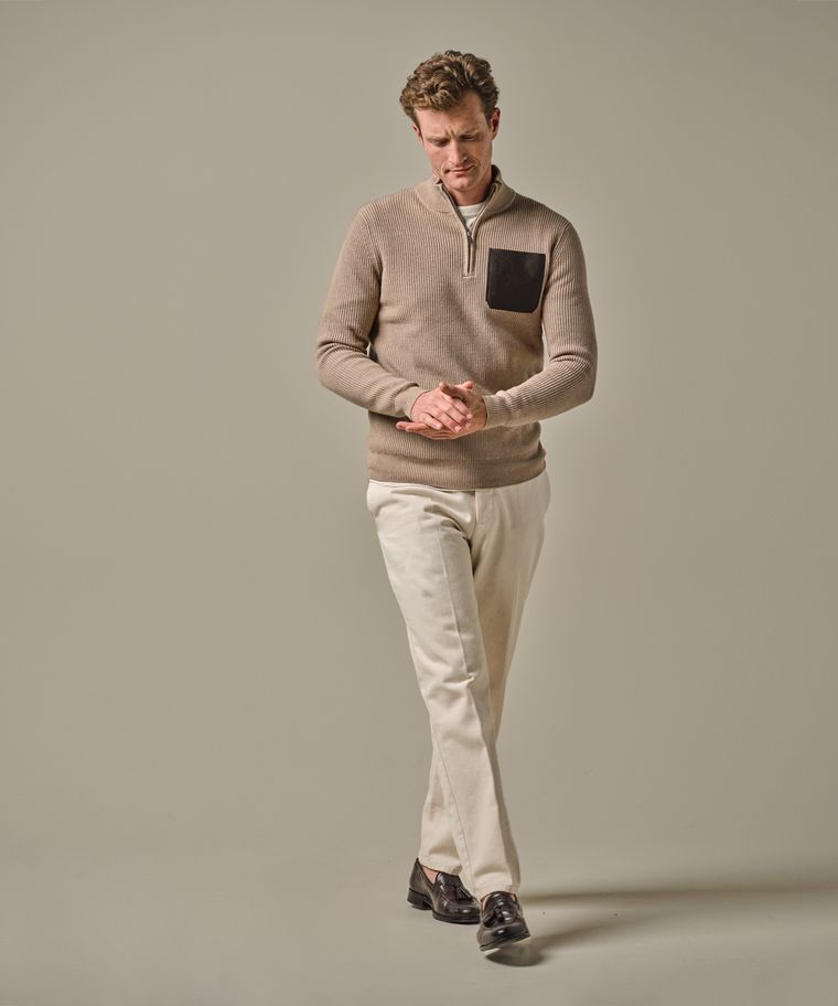 profuomo Beige half zip leather pocket