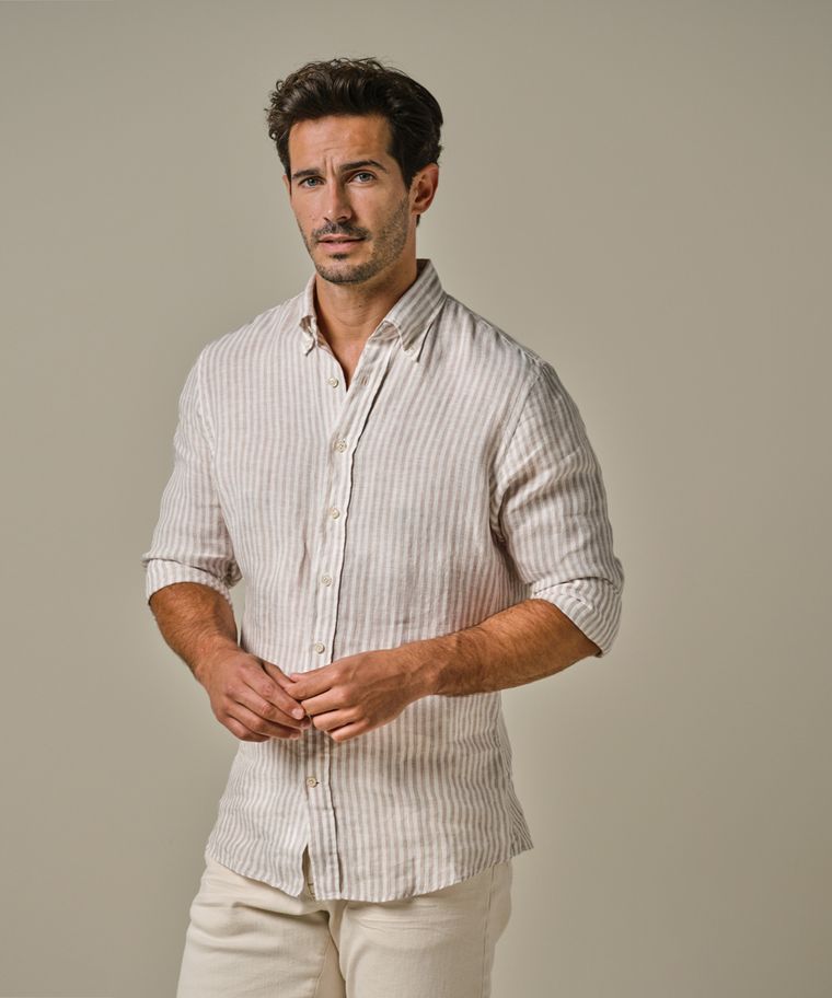 Profuomo Beige Linnen Streep Overhemd