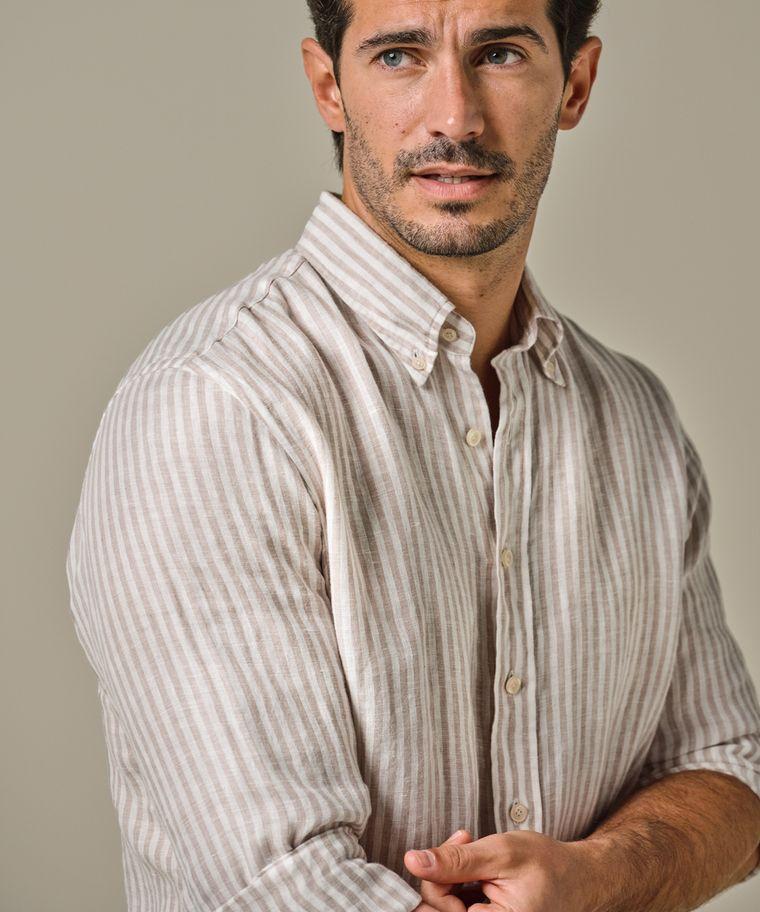 Profuomo Beige Linnen Streep Overhemd