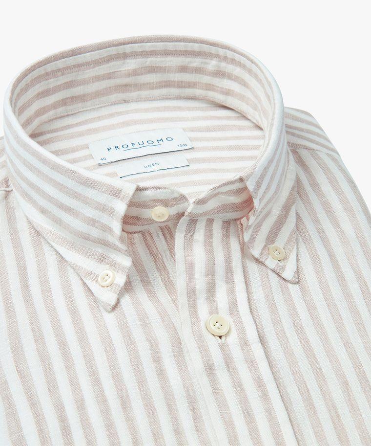Profuomo Beige Linnen Streep Overhemd