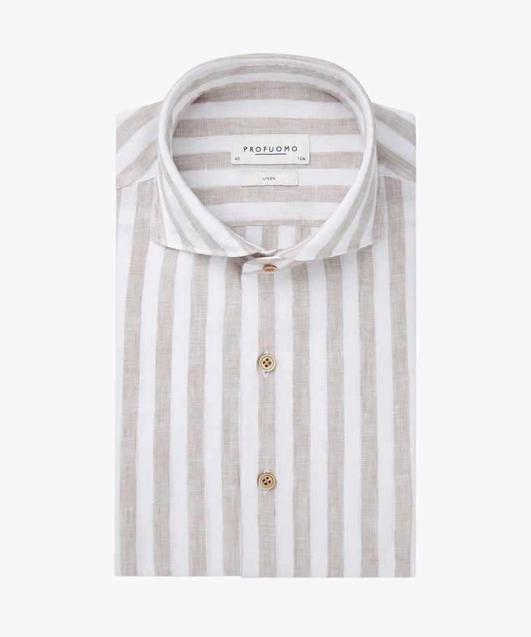 profuomo Beige linnen streep overhemd